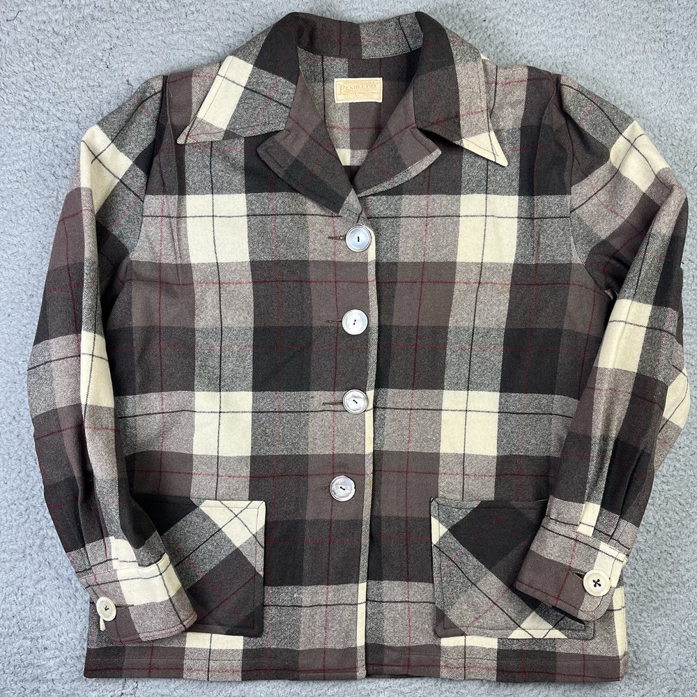 Vtg 1950s PENDLETON Wool Flannel 49er Shirt Jacket Shell Buttons Brown Plaid